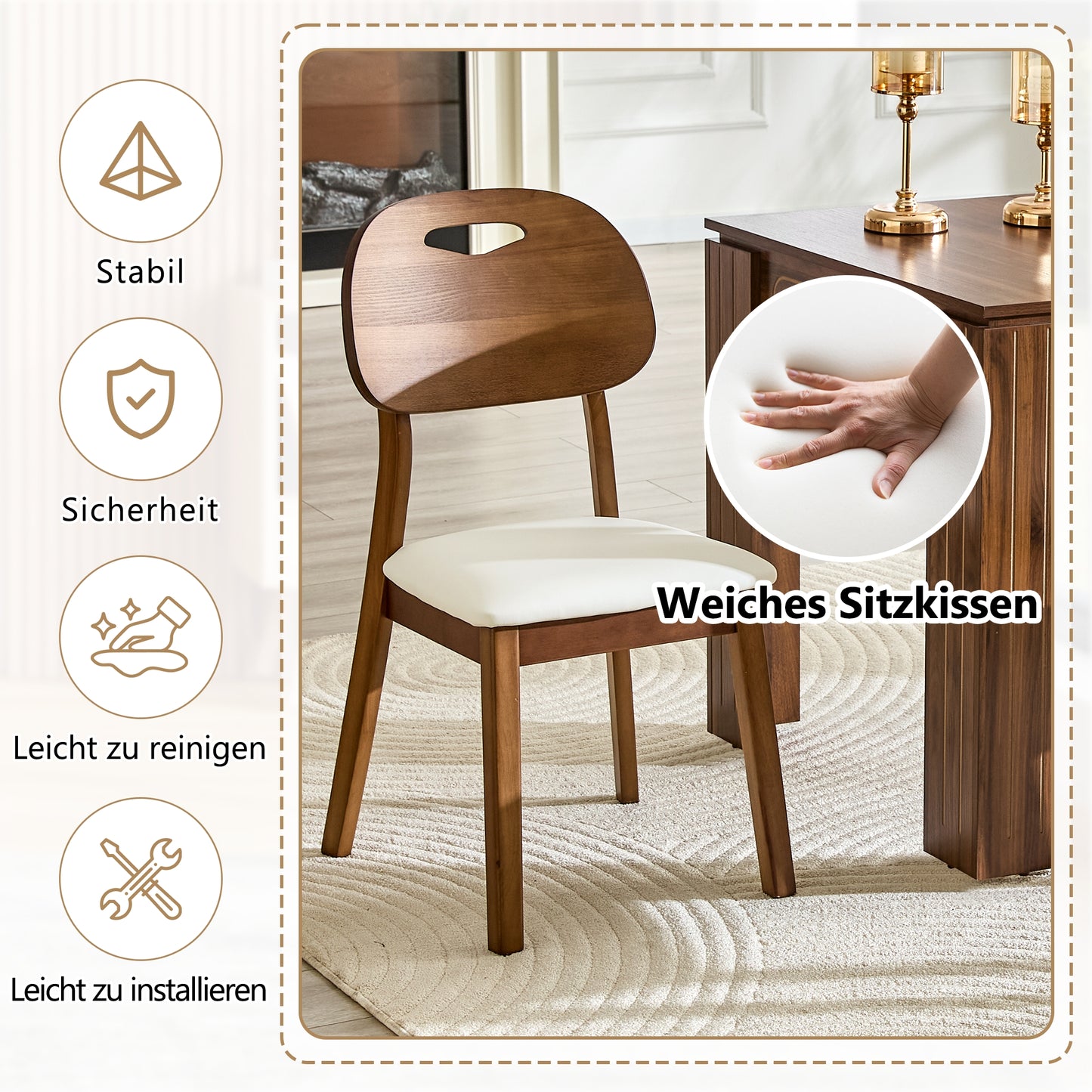 Set Of 2 Dining Chairs With Oval Backrest, Modern Wooden Chairs With Carry Handle Design, Upholstered Kitchen Chairs For Dining Room Living Room, Only Chairs Without Table