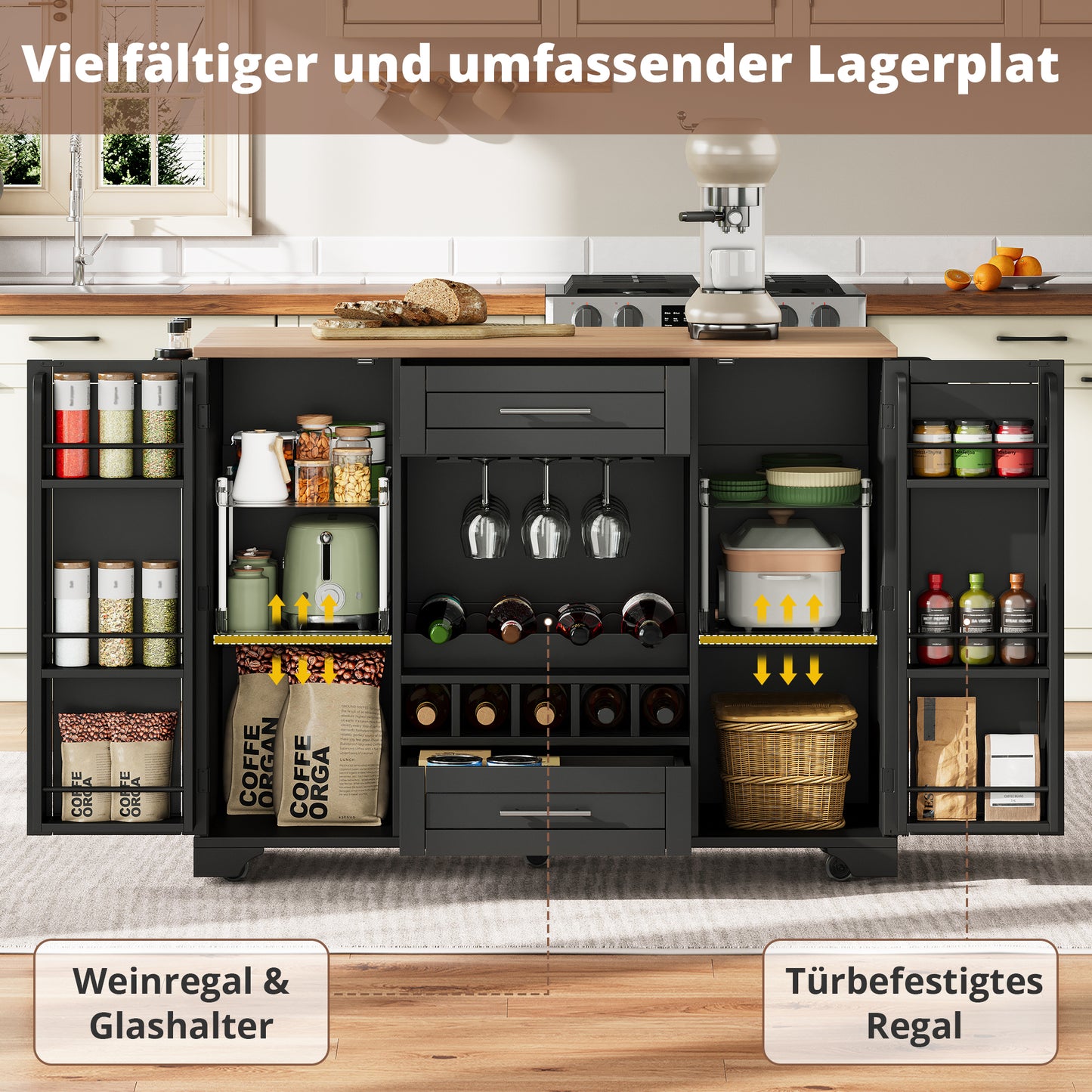 Kitchen Trolley With Folding Worktop, Kitchen Island On Wheels With Wine Rack, Glass Holder, Spice Rack & Towel Rack, 120x45-70x92cm, Black  Multifunctional Serving Trolley With Storage