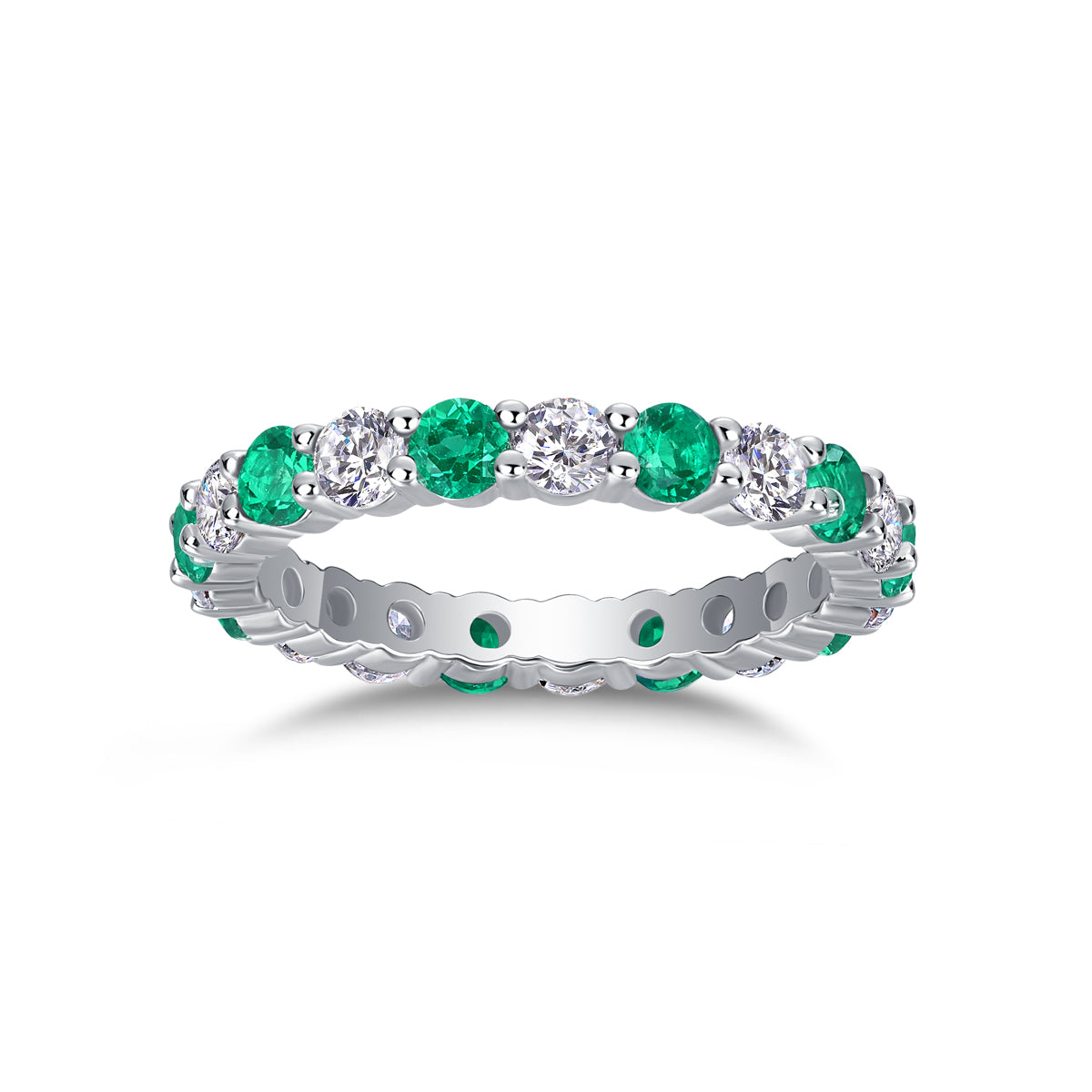 2.4g S925 Sterling Silver Platinum Plated Eternity Ring  Alternating Green & White Gemstone Band, Dainty Stackable Promise Ring For Women, Jewelry Gift Box Set
