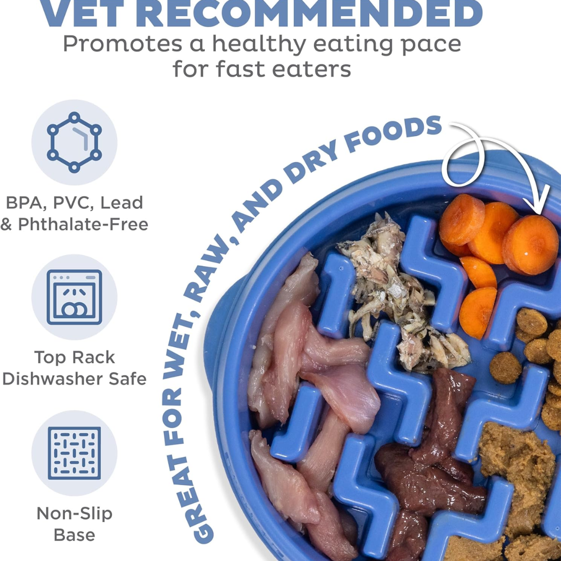 Feeder Slo Bowl  Medium 2Cup Capacity, Slow Feeding, Small To Medium Dogs  Cats, Non Slip, Blue, Notch Pattern