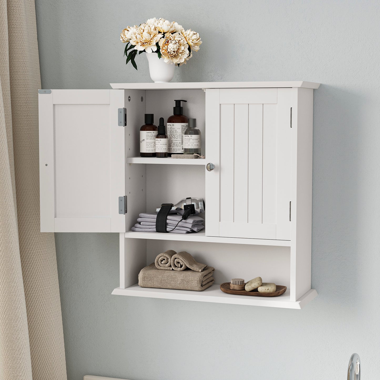 White Wall Mounted Bathroom Cabinet, Medicine Cabinet With Double Doors And Adjustable Shelves, Bathroom Wall Cabinet Above The Bathroom, Suitable For Laundry, Kitchen, Bathroom, Etc.