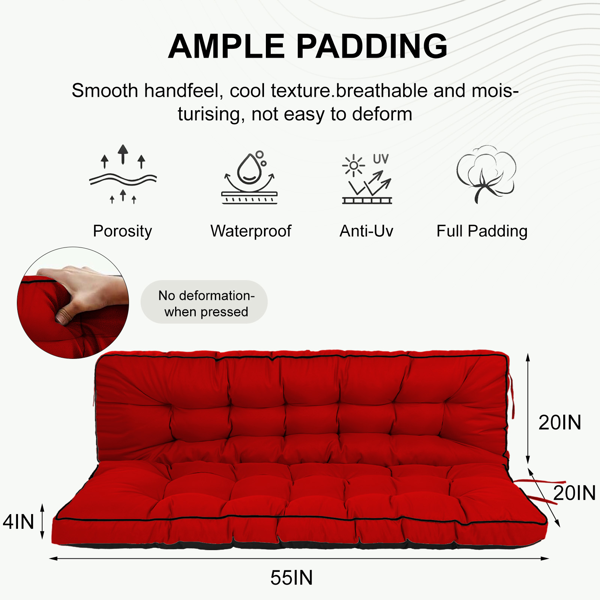 Outdoor Swing Cushions 55 Inch,Waterproof 4in  Thick Porch Swing Cushion Replacement With Backrest And Ties,Comfortable 2-3 Seat Pation Swing Pad For Backyard,Garden,Lawn,Outdoor Furniture Red