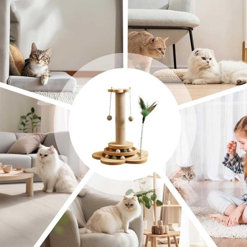Pet Cat Toy Solid Wood Cat Turntable Funny Cat Stick Balls Durable Sisal Scratch