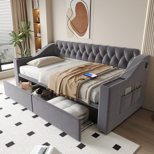 Upholstered Bed Sofa Bed 90x190 Cm, Wider And Thicker Armrests With USB Charging Port, Integrated Shelf In The Armrests, With Storage Pockets, With Storage Drawer, Velvet Fabric, Dark Grey
