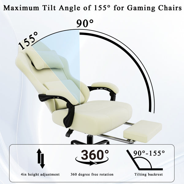 Ergonomic Gaming Chair, Video Game Chair With Massage Lumbar Support And Footrest, Height Adjustable Fabric Computer Chair With Pocket Spring Cushion, White