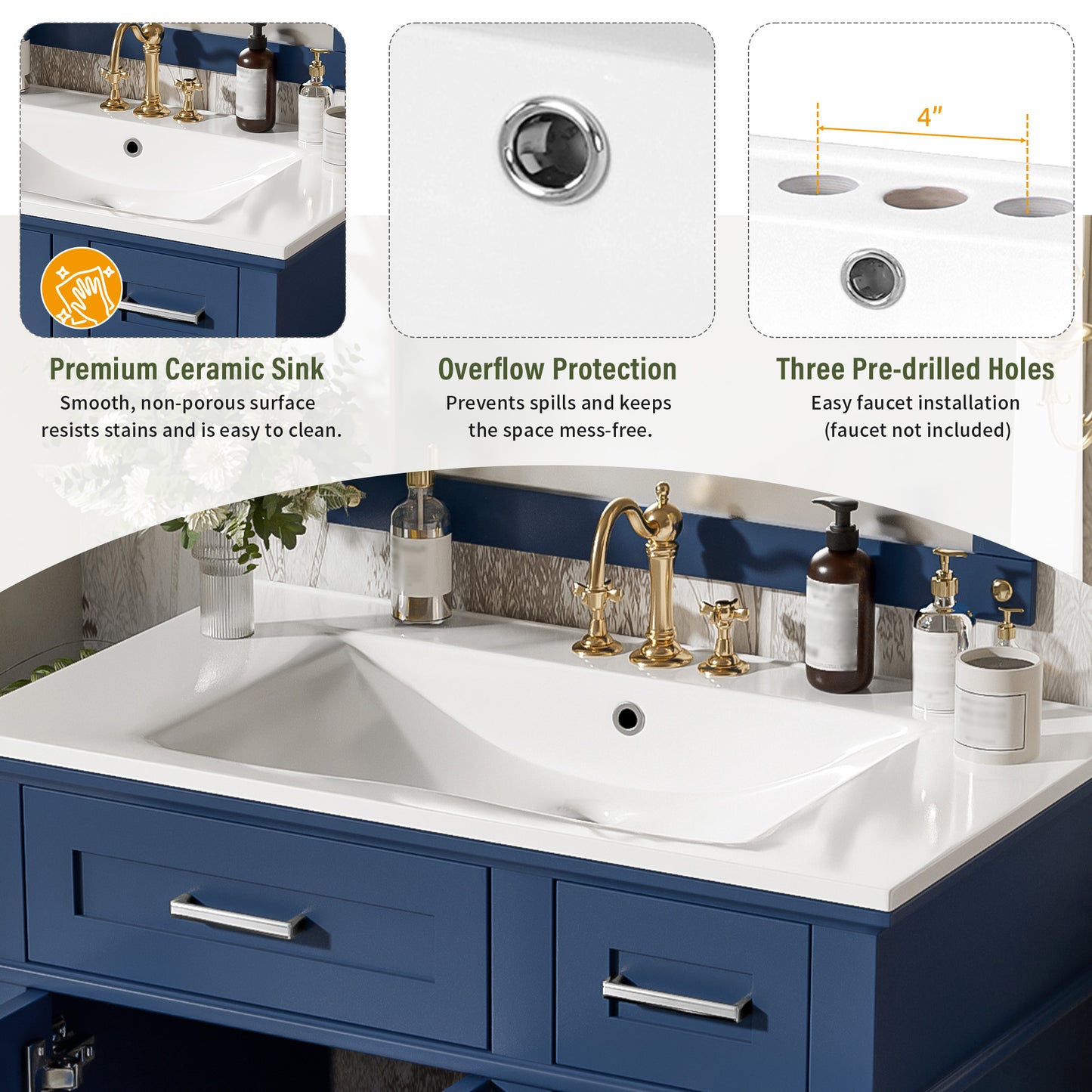 30  Bathroom Vanity With Ceramic Sink, Modern Storage Cabinet With Soft-Close Doors, Deep Drawer & Standard Drawer, Stylish Bath Vanity For Small Bathrooms