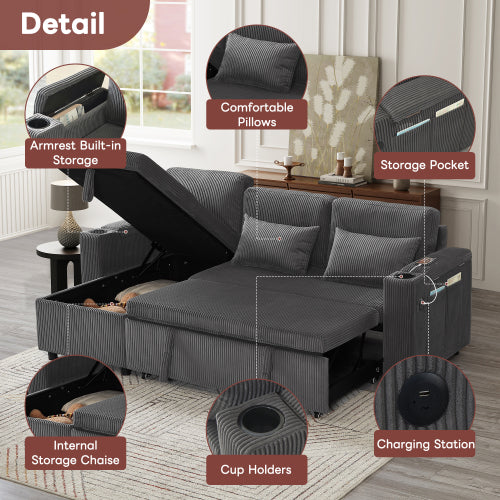 3 In 1 Convertible Corduroy Sofa Bed With Storage Chaise, L Shaped Sleeper Sofa Couches With Armrest Storage And Charging Station. Pullout Sectional Daybed For Living RoomBedroomOffice, Grey