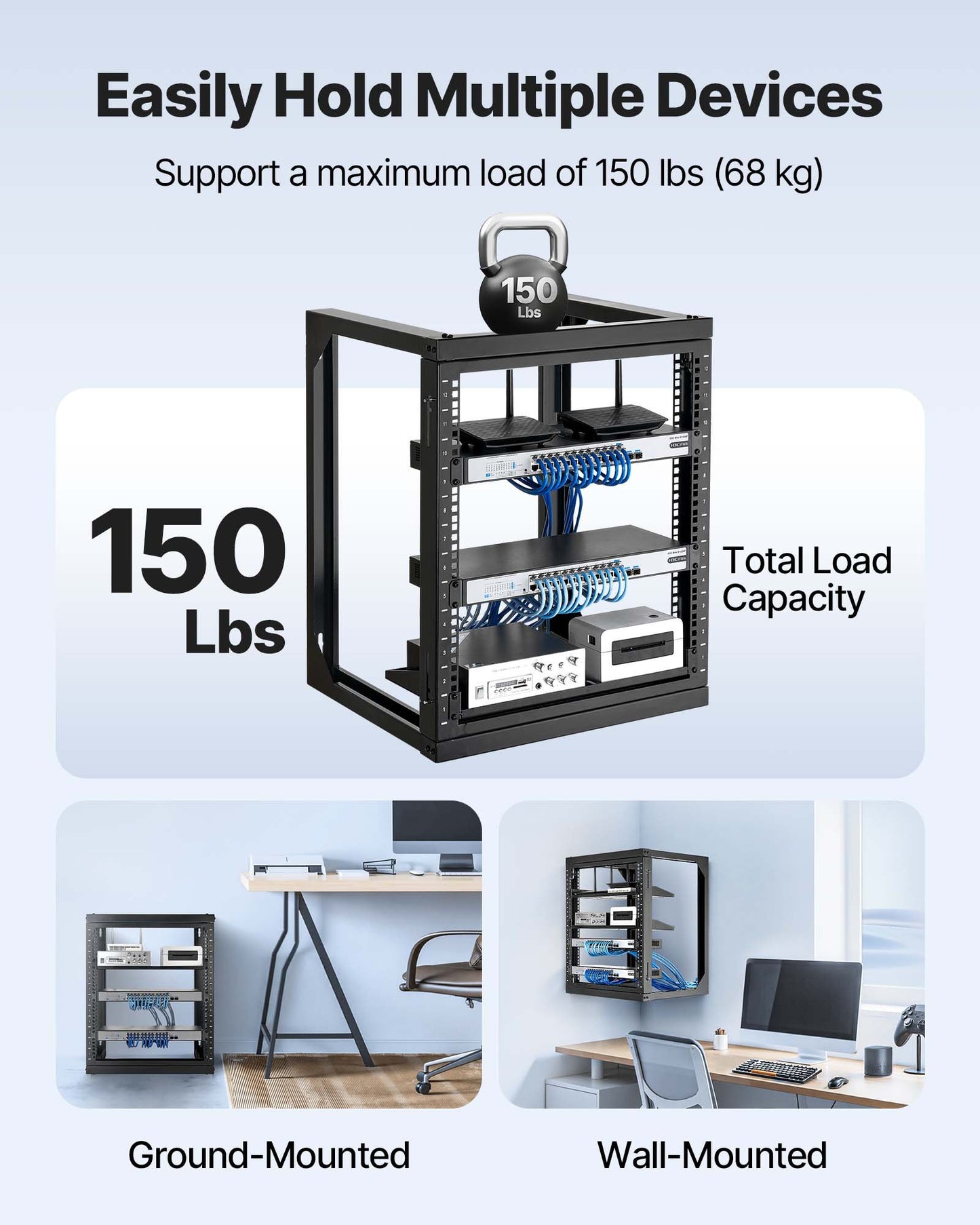12U Wall Mount Server Rack, 150 Lbs Max Load Capacity, Open Frame Network Rack With 180 Degrees Gate Swing, Carbon Steel, For 19-Inch IT Network Equipment & AV Devices Computer Server, Black