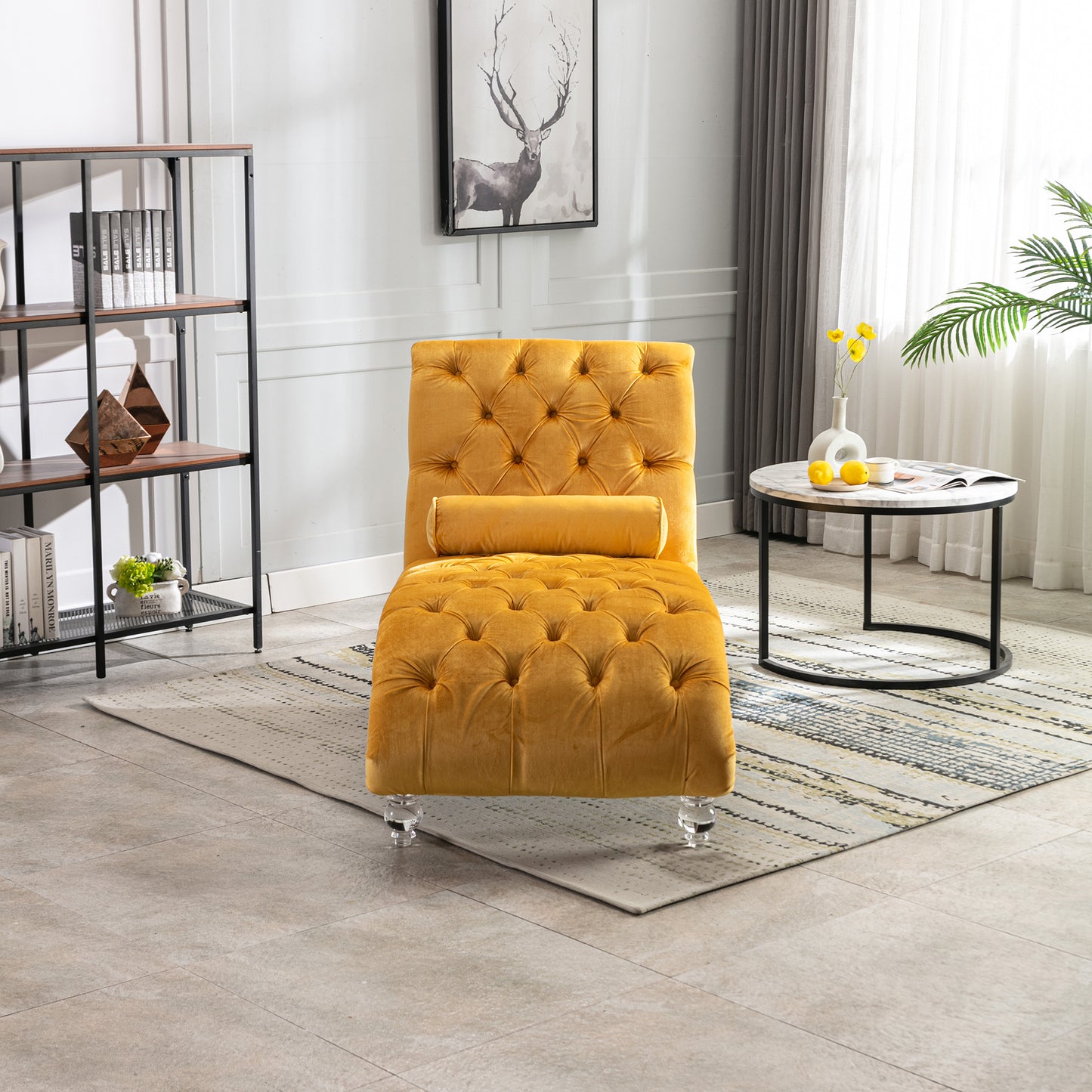Velvet Chaise Lounge Indoor,Button-Tufted Upholstered Chaise Lounge Chair With Pillow For Bedroom Living Room Office  Mustard Velvet