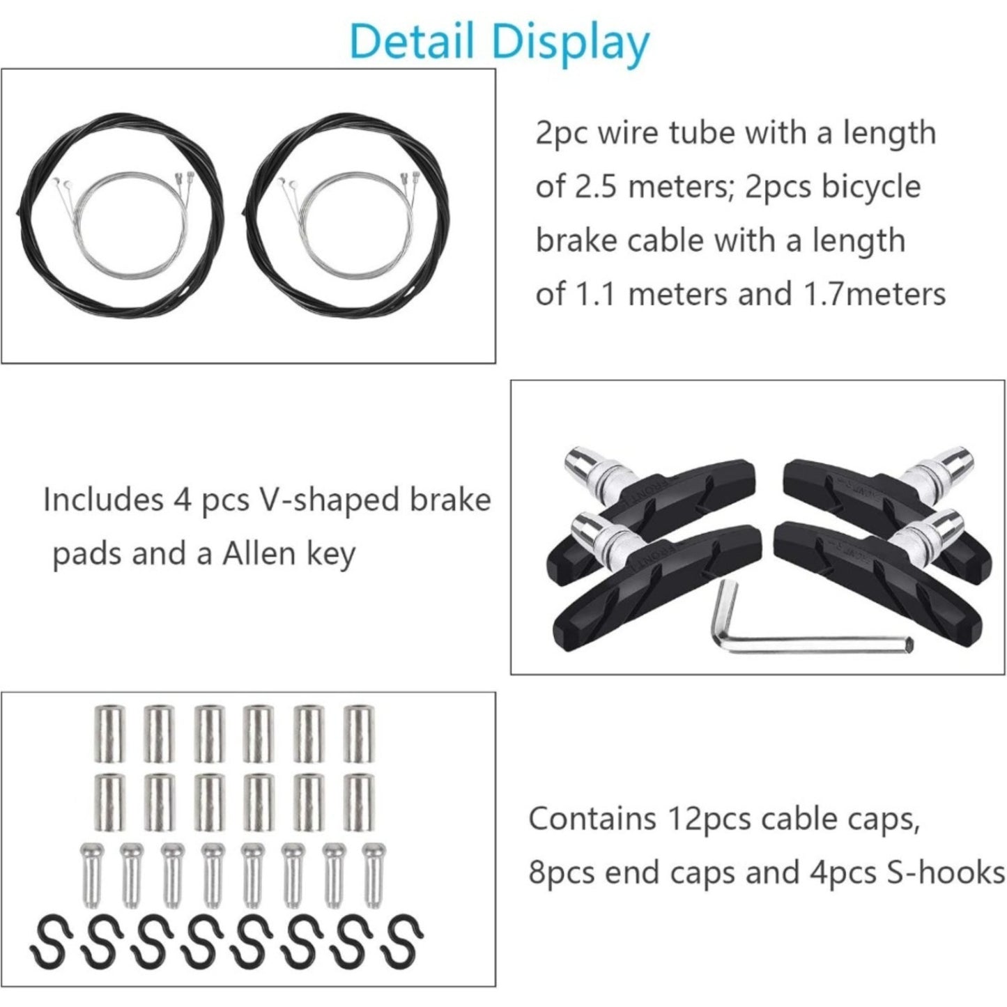 Bicycle Brake Cable Set With V-Brake Pads, 2x Brake Cables, 4x Brake Pads (2L+2R), 1x M5 Allen Wrench, Repair Kit Accessories