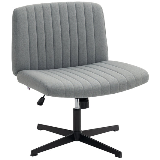 Armless Office Chair No Wheels, Linen Fabric Criss Cross Legged Desk Chair With Wide Seat, Thick Padding, Tilt Function, Height Adjustable Swivel Computer Seat For Home, Grey