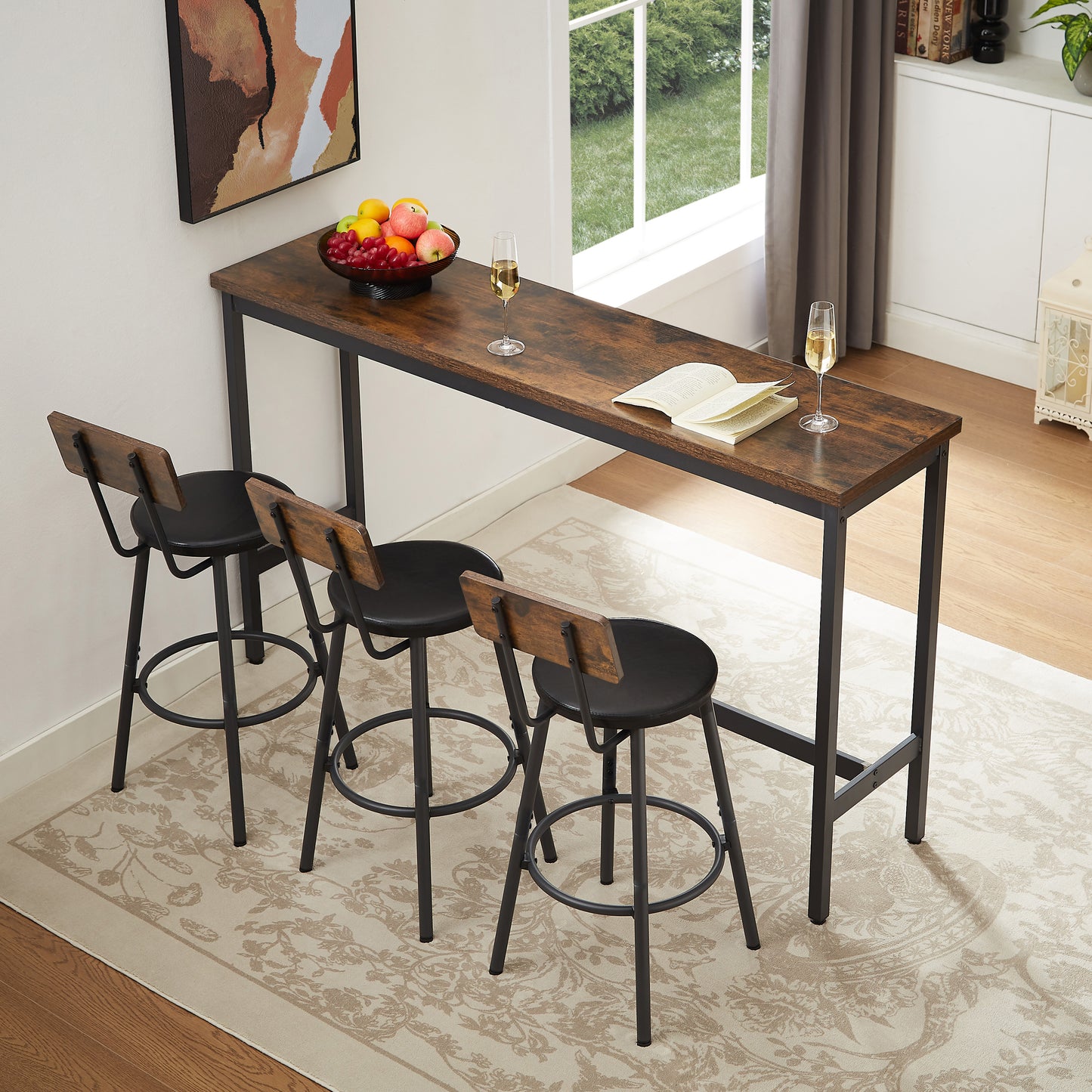 Long Bar Table With 3 PU Upholstered Bar Stools, Industrial Bar Table And Chairs For Kitchen, Breakfast Room, Living Room, Banquet Hall, Rustic Brown And Black