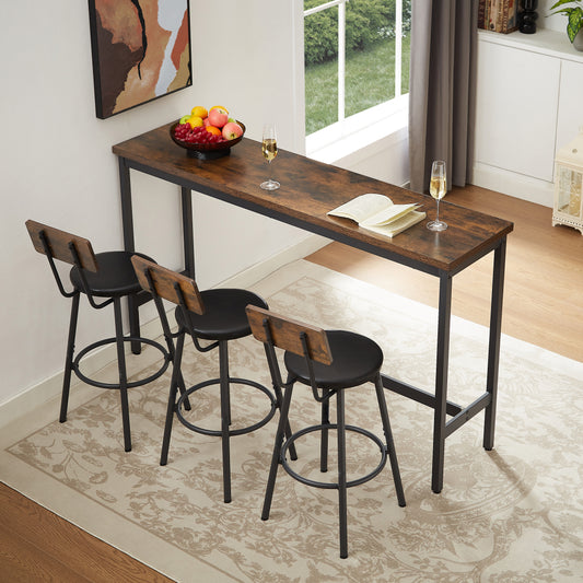 Long Bar Table With 3 PU Upholstered Bar Stools, Industrial Bar Table And Chairs For Kitchen, Breakfast Room, Living Room, Banquet Hall, Rustic Brown And Black