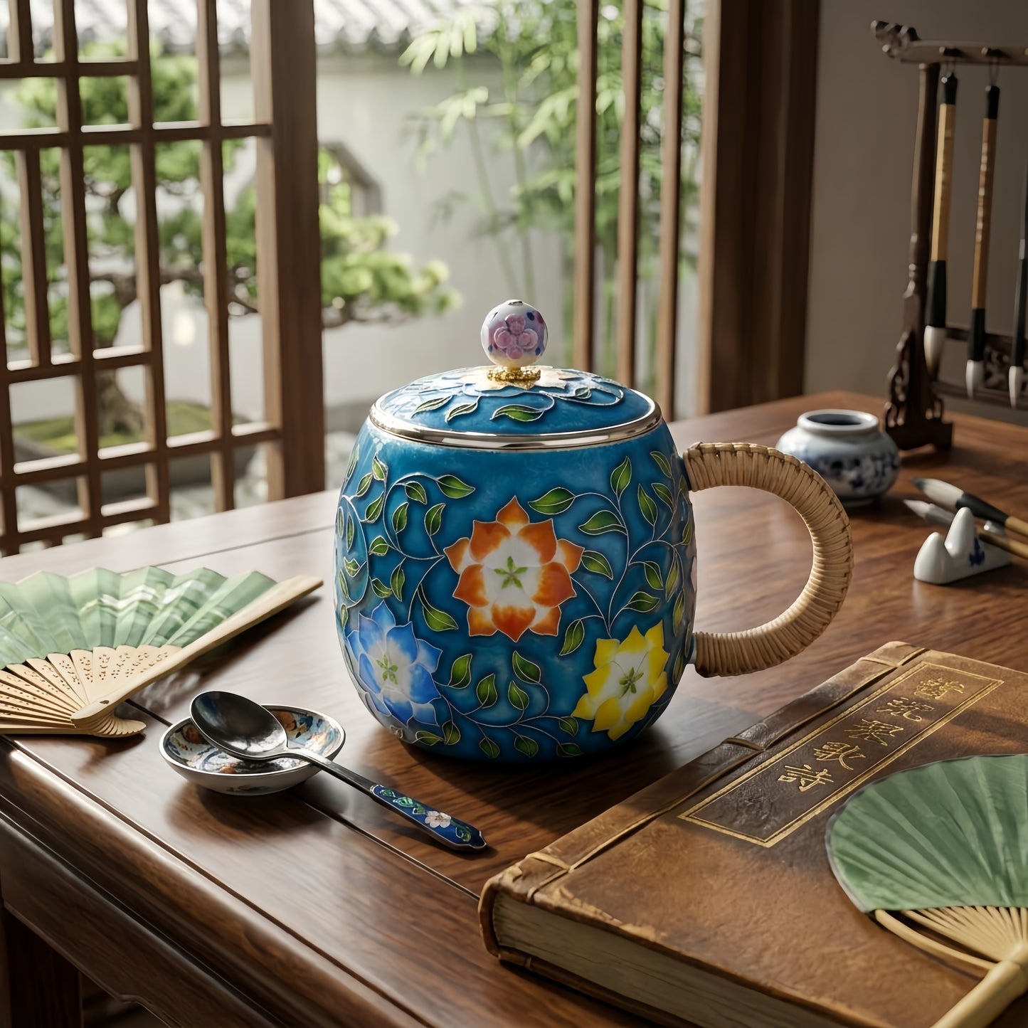 Pure 999 Fine Silver Handcrafted Enamel Teapot with Vibrant Floral Motif and Woven Bamboo Handle-Premium Indigo Tea Mug - Handicraft