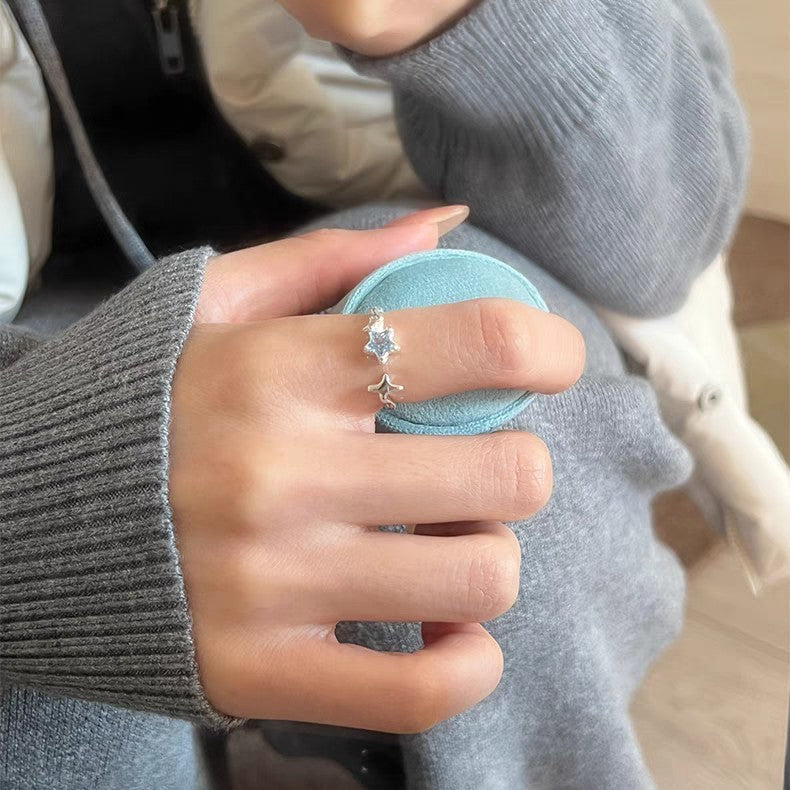 1pc 999 Sterling Silver Blue Zircon Star Open Ring, Fresh & Elegant Style, Perfect For Daily Wear & Valentine's Day Gift