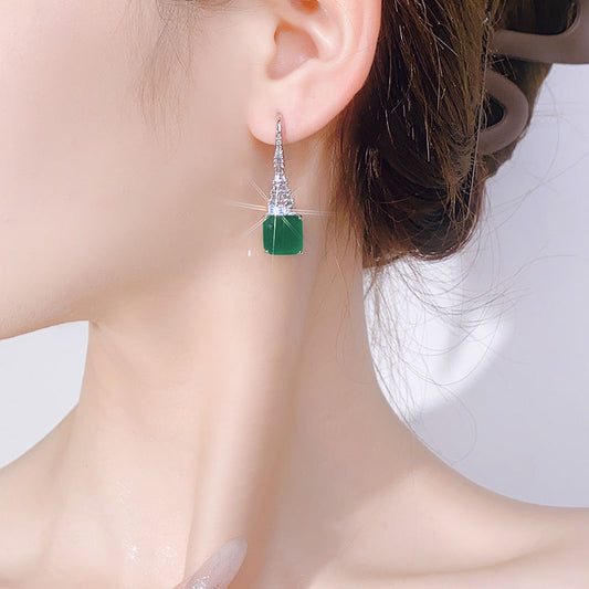 Minimalist Light Luxury Drop Hook Earrings For Women, Square Cut Emerald Tone Simulated Zirconia Paved Rhinestone Silver Tone Long Dangle Ear Jewelry Elegant Daily Party Accessories