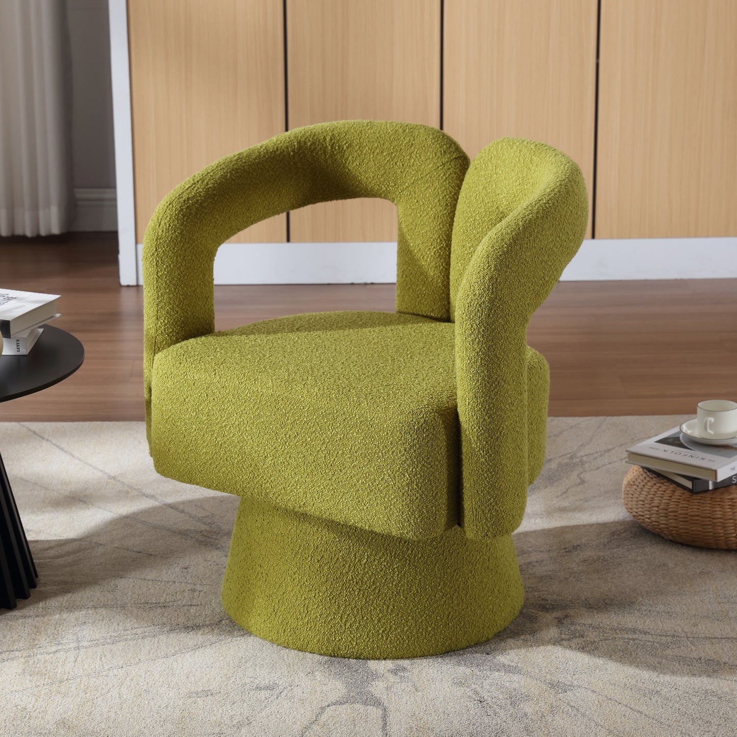 Old SKU W1880P163401 360 Degree Swivel Snuggle Barrel Accent Chairs, Round Armchairs With Wide Upholstery, Fluffy Fabric Armchair For Living Room, Bedroom, Office, Waiting Rooms, Olive