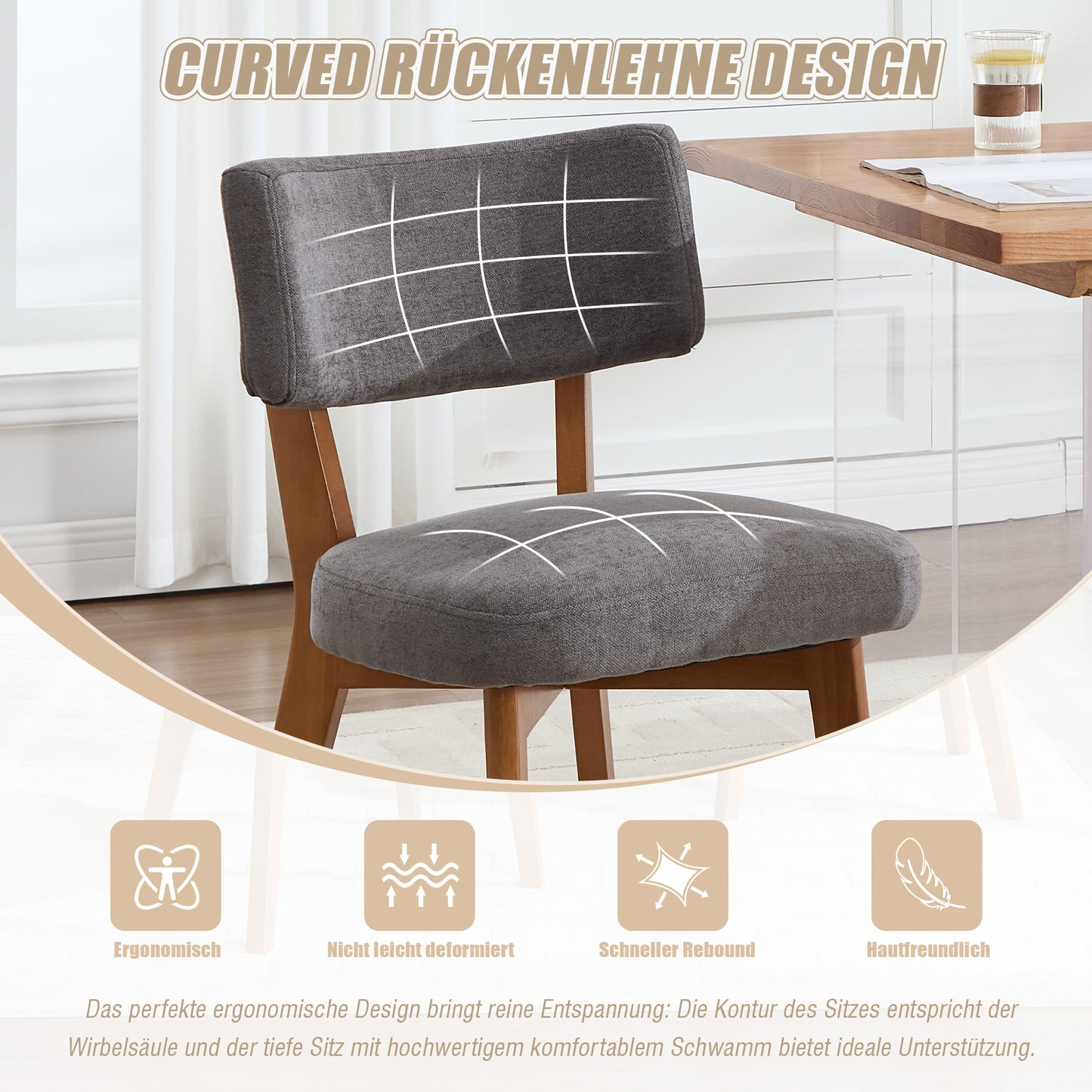 Modern Mid-Century Style Dining Chair Set Of 2, Solid Wood Legs Fabric Upholstered Seat For Kitchen, Dining Room Or Office Gray Linen Fabric