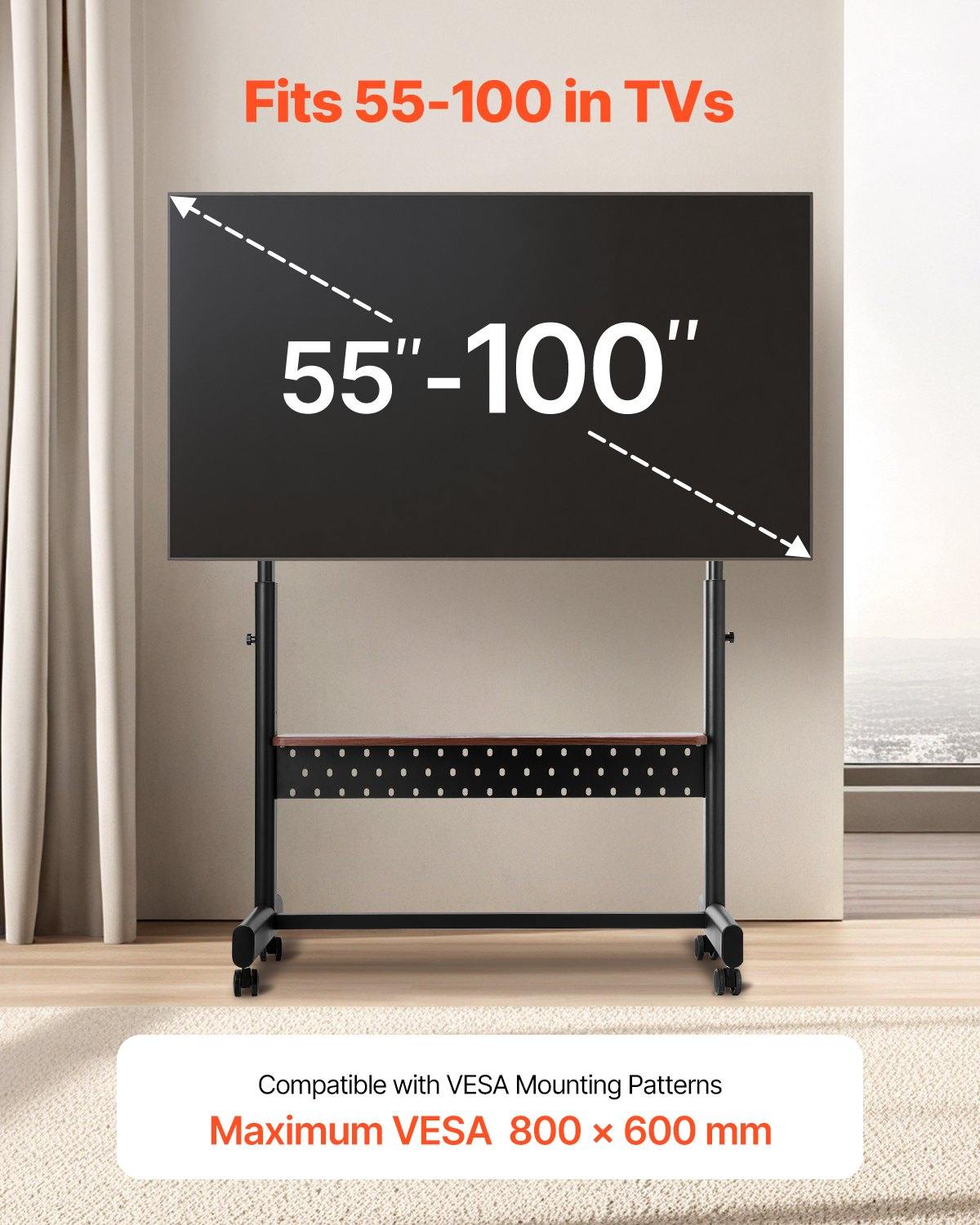 Heavy-Duty Mobile TV Stand For 55-100" Screens - Height Adjustable Cart With Media Tray, Supports 205lbs (Max VESA 800x600mm) For Large Flat & Curved TVs