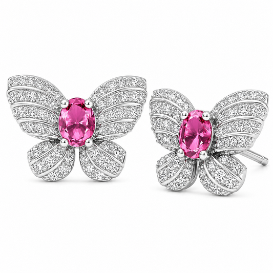 Oval  CZ Center Full Pave White Crystal Butterfly Stud Earrings For Women, Copper Silver Plated Vintage Wedding Daily Statement Jewelry Gift