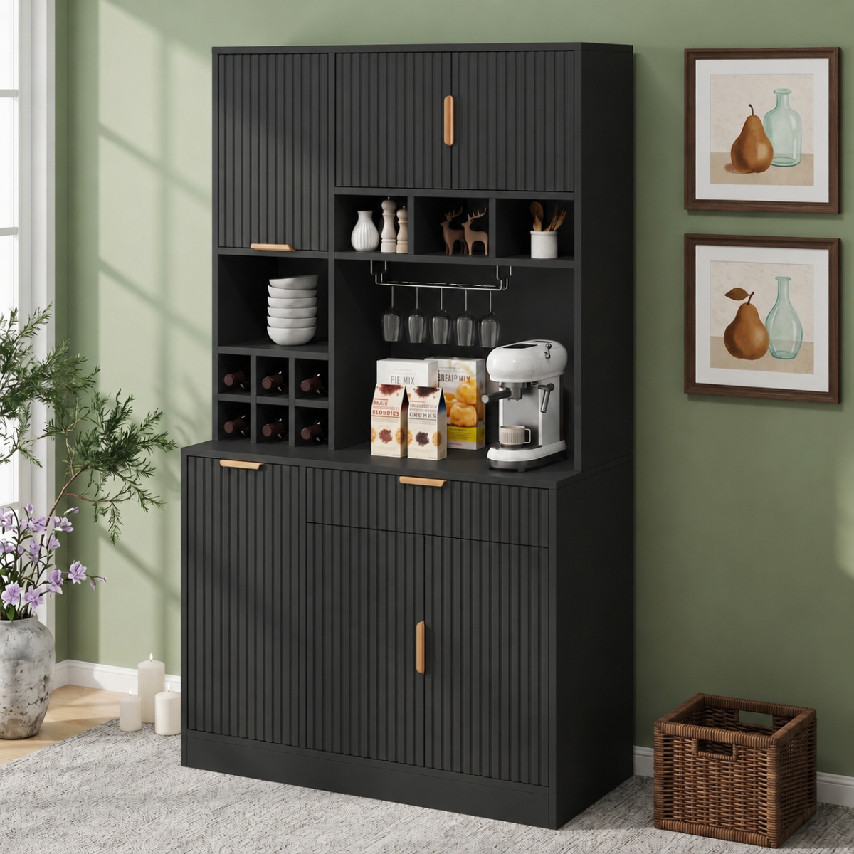 Sideboard, Dining Room Tall Cabinet 100x40x175 Cm, Multi-tiered Storage Space, Integrated Power Outlet And USB-C And USB-A Ports, Including Wine Glass Rack And Bottle Storage, Black