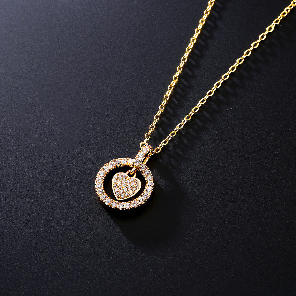 Korean And Japanese Popular Jewelry Heart-Shaped Zircon Necklace Double Circle Hollow Pendant Clavicle Chain European And American Cross-Border Fashion Simple Accessories For Women