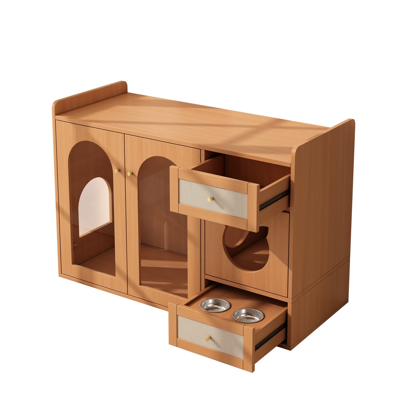 Multi-purpose Cat House & Litter Box Cabinet  Pet-friendly Side Cabinet With Food Bowls, Cat Rest Room, Storage Area  Without Litter Box & Cat Cushion , Walnut Colours, 120x45x83 Cm