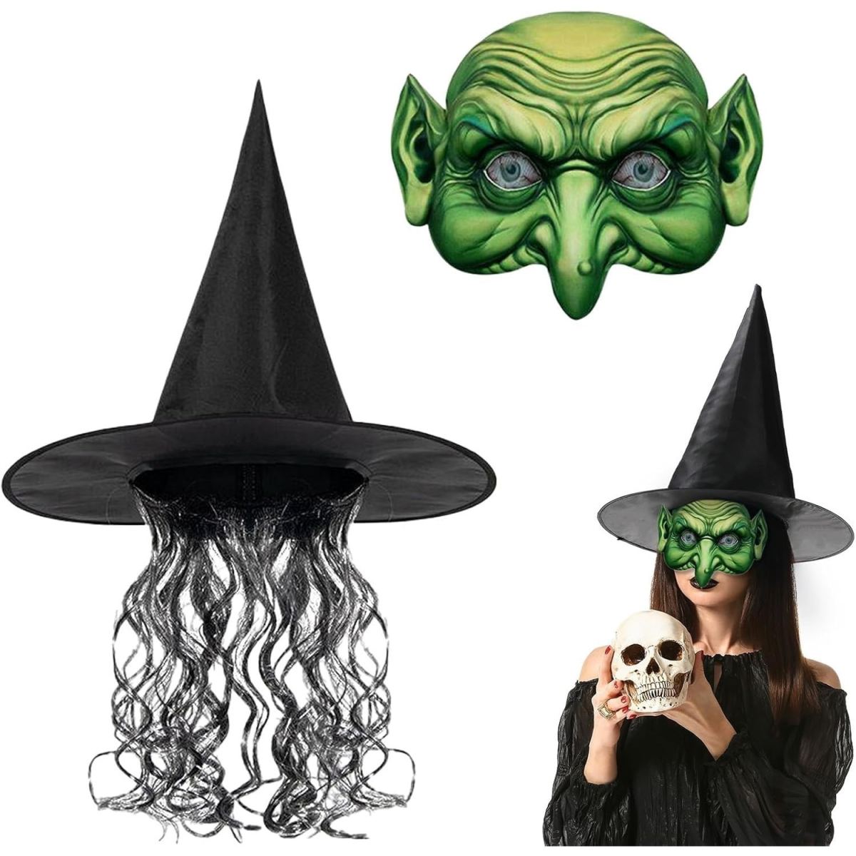 2 Halloween Witch Masks: Halloween Witch Mask With Wig, Spooky Old Witch Mask, Halloween Horror Mask For Adults, Witch Accessories For Halloween, Cosplay, Carnival, And Theme Parties—Party Packs