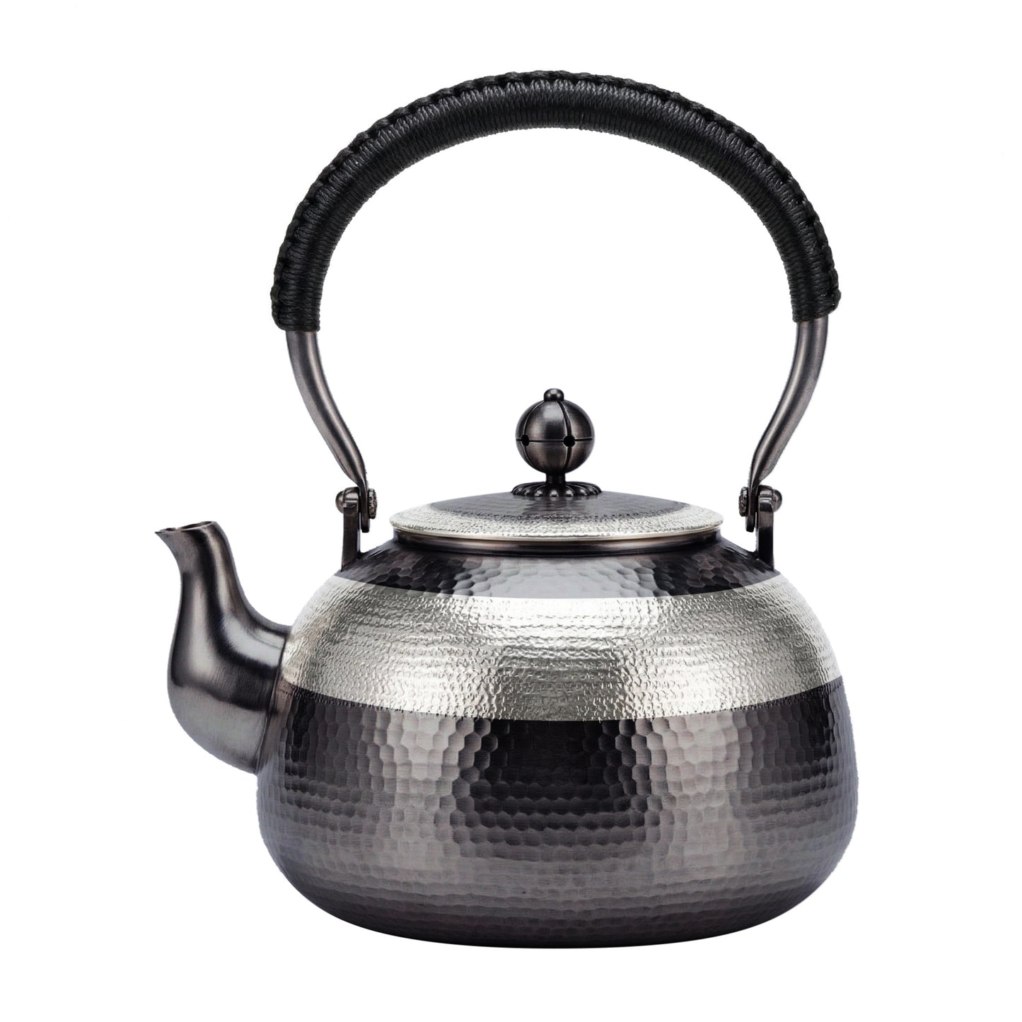 925 Sterling Silver Stainless Steel Hammered Texture Tea Kettle with Woven Handle and Curved Spout-Fine large teapot - Handicraft
