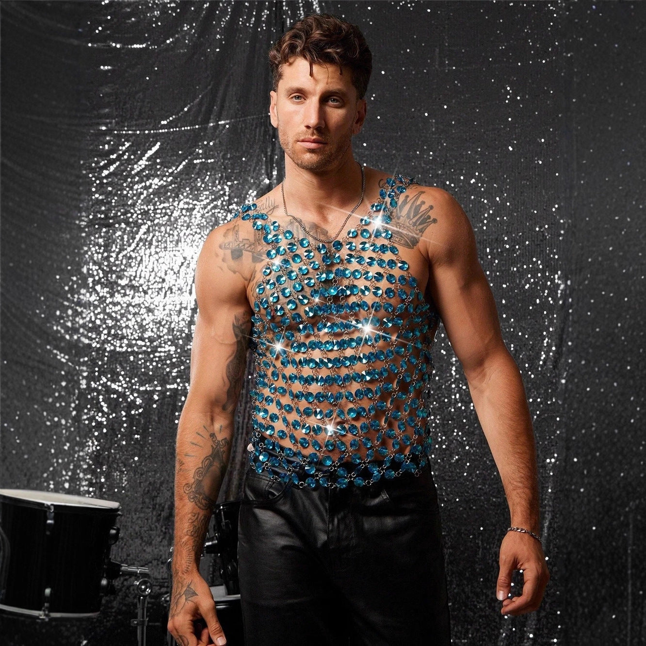 Mens Body Chain Spliced With Blue Gemstones, Metal Hollowed-Out Tank Top