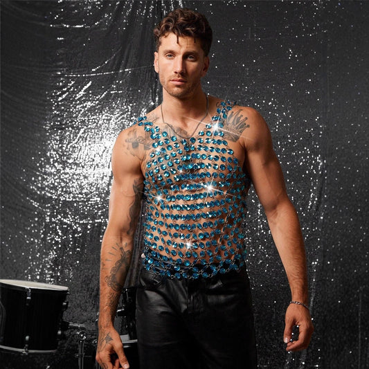 Mens Body Chain Spliced With Blue Gemstones, Metal Hollowed-Out Tank Top