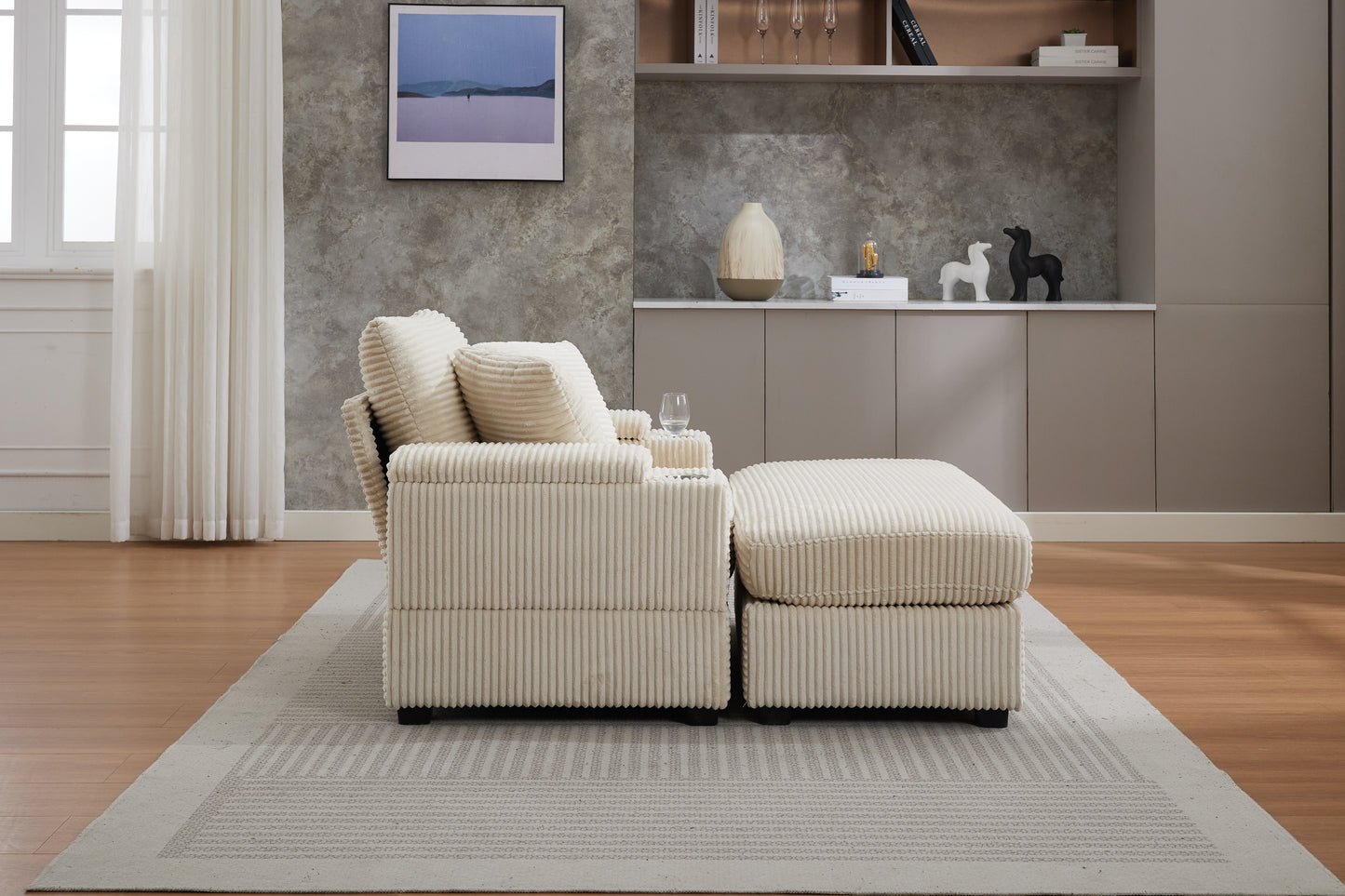 VIDEO New Corduroy Upholstered Chaise Lounge Sofa With Handrail Storage ,Movable Ottoman,Cupholders,Detachable Cushions Deep Seat For Living Room Office,3 Colour