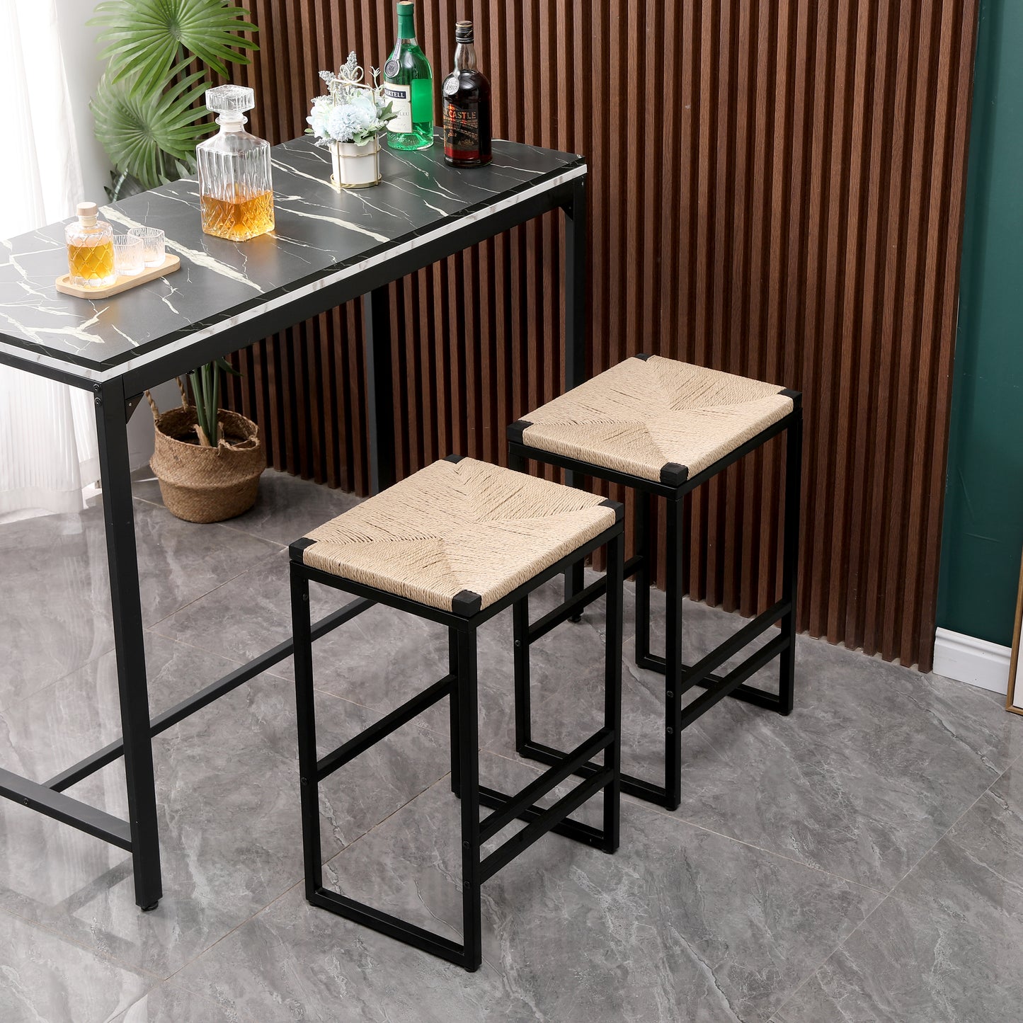 Set Of 2 Backless Bar Stools For Kitchen Counter Paper Rope Woven Dining Chairs For Home & Kitchen  Paper Rope Backless