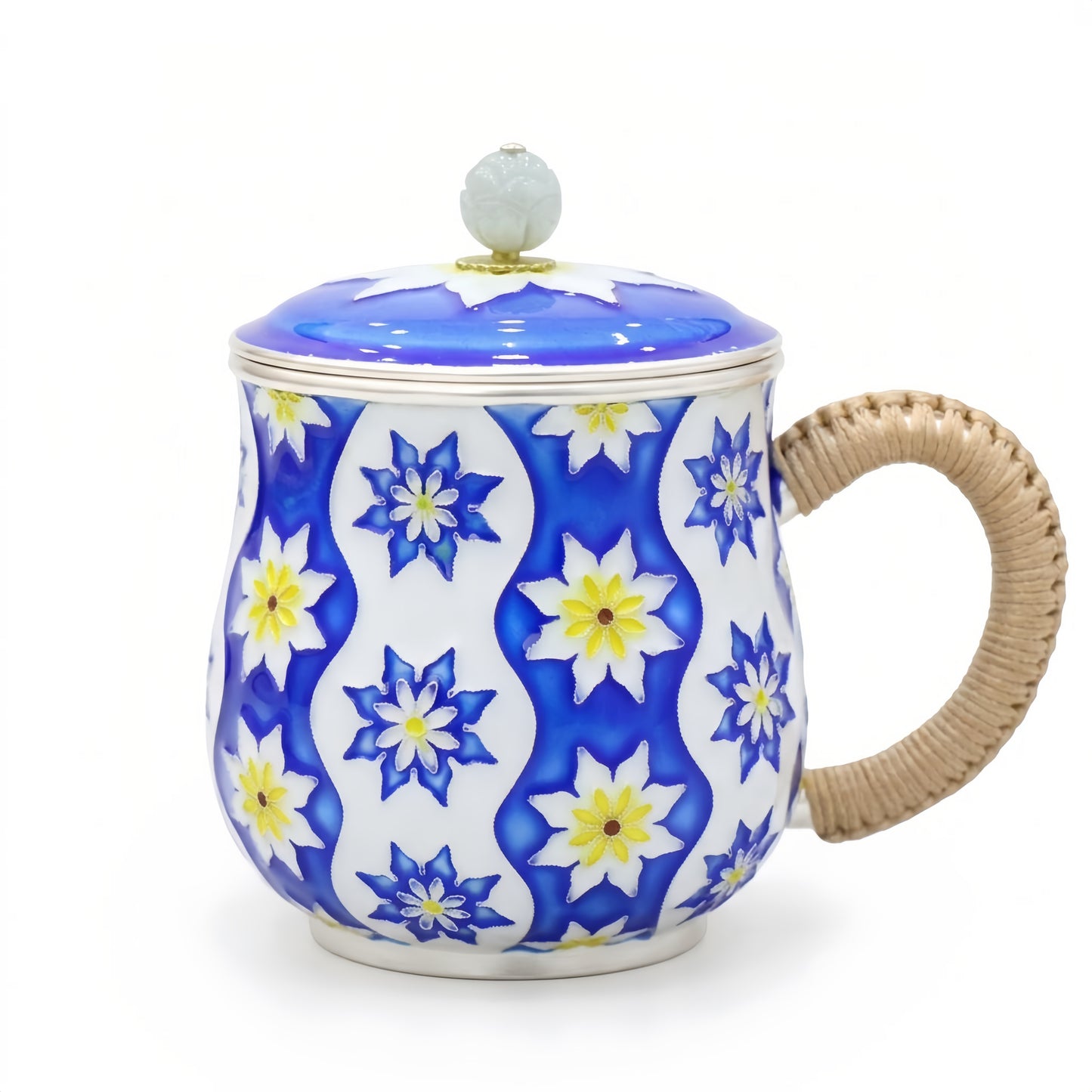 Pure 999 Fine Silver Elegant Blue-White Floral Ceramic Teacup with Woven Handle and Pearl Lid-Premium Indigo Tea Mug - Handicraft