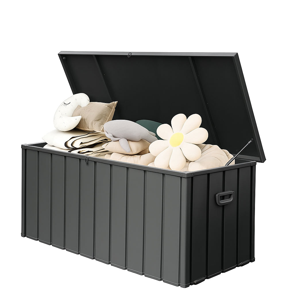190 Gallon Metal Deck Box, Waterproof Steel Outdoor Box, Large Patio Furniture Storage Cabinet, Lockable Storage Bench For Porch Package Delivery, Pillows, Cushions, Pool, Tools, Backyard, Grey