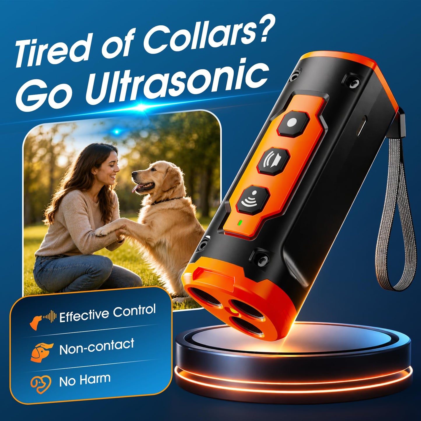 Dog Bark Deterrent Devices, 1-Touch Anti-Barking Device For Dogs With 3 Ultrasonic Heads, 50ft Range, Rechargeable & Safe Dog Training Tool With Flashlight, Helps Improve Behavior