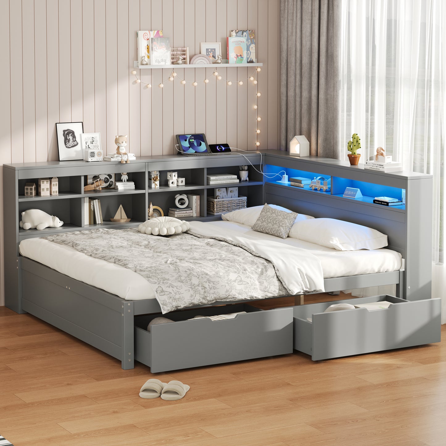4ft6 Double Daybed With Two Storage Drawers And Beside Storage, LED Modern Bed Frame With Charging Station, Wood Bed For Living Room  Bedroom  Study Room, 135X190cm, Easy Assembly, Grey  No Mattress