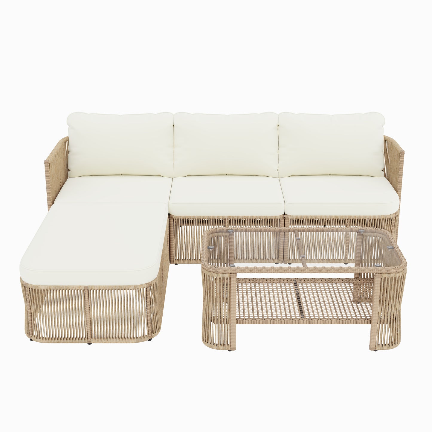 Outdoor PE Rattan Patio Furniture Set With Iron Frame, Dark Beige Wicker Conversation Sofa