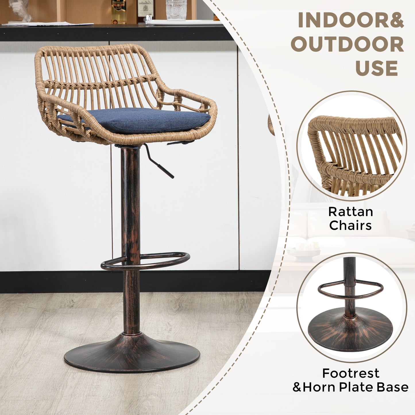 Modern Swivel Bar Stools Set Of 2 Adjustable Counter Height Chairs With Footrest For Kitchen, Dining Room  Blue