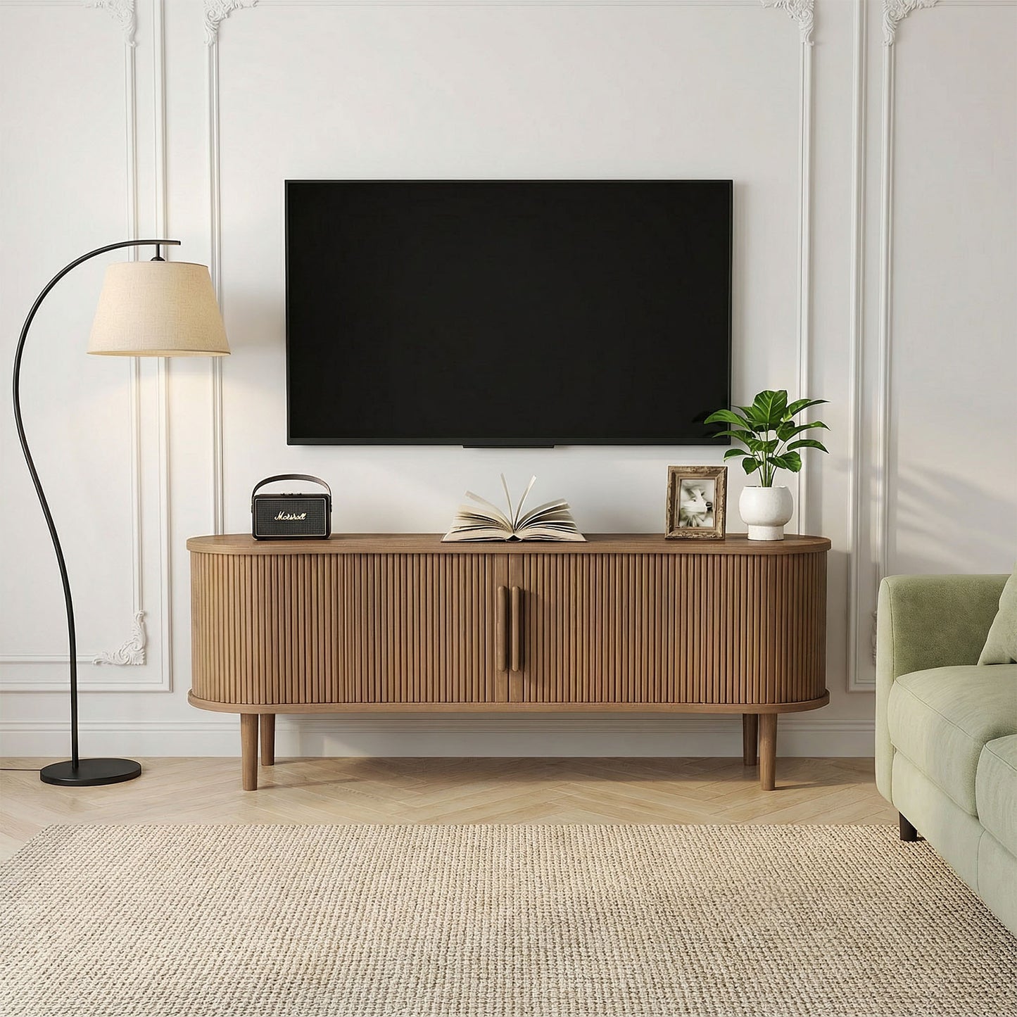 63in Fluted TV Stand Modern Media Console Table Entertainment Center With Sliding Door And Solid Wood Legs For Living Room Bedroom Office