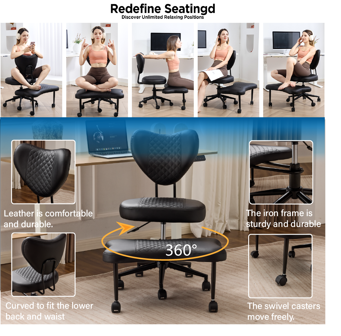 Upgraded Ergonomic Cross Legged Swivel Chair, Adjustable Height And PU Leather, Meditation& ADHA Chair With Back Support, Home And Office,Yoga Chair, Black