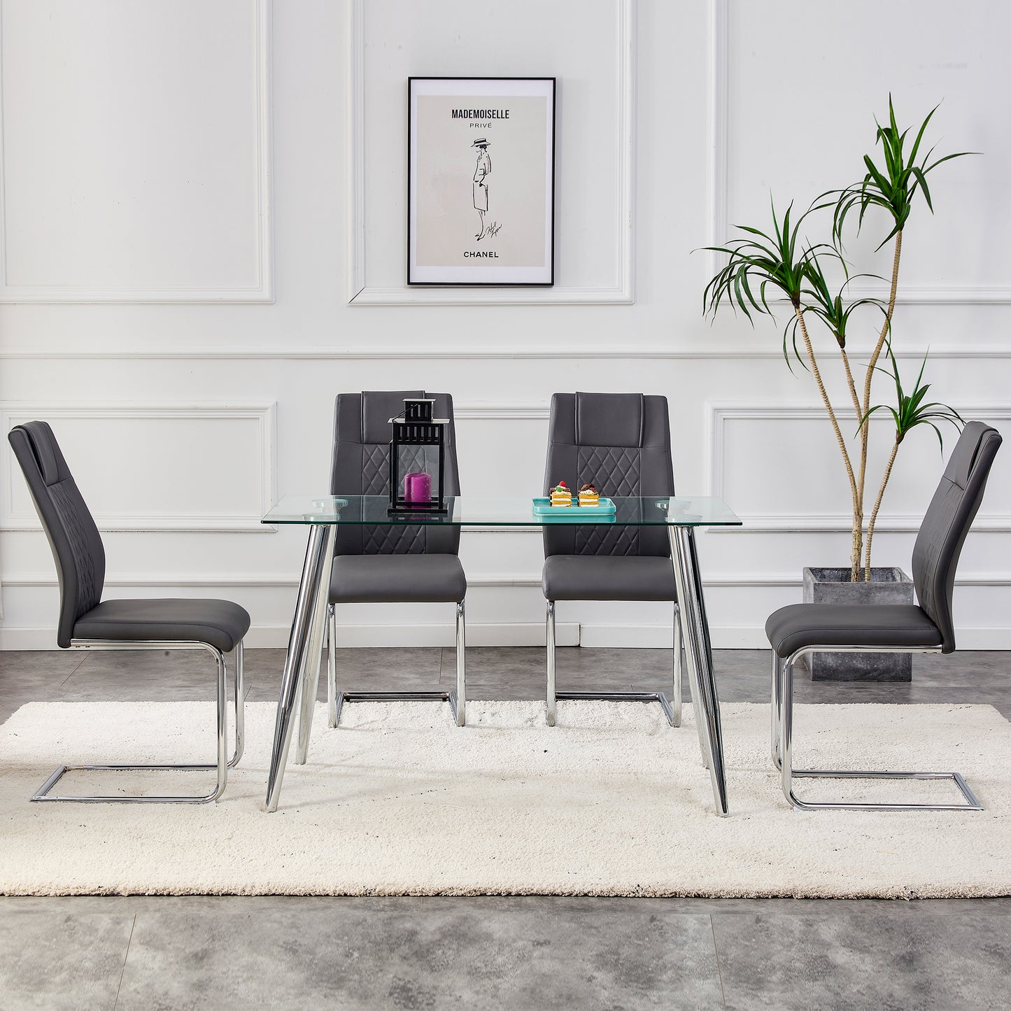 Modern Dining Chairs With Faux Leather Padded Seat Dining Living Room Chairs Upholstered Chair With Metal Legs Design For Kitchen, Living, Bedroom, Dining Room Side Chairs Set Of 4  Grey PU C-001