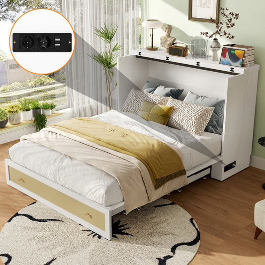 Murphy Bed, 140 X 200, Mobile Murphy Bed With Drawers At The End Of The Bed And Shelf At The Head Of The Bed, With USB And Socket, Convertible Platform Bed, Without Mattress, White