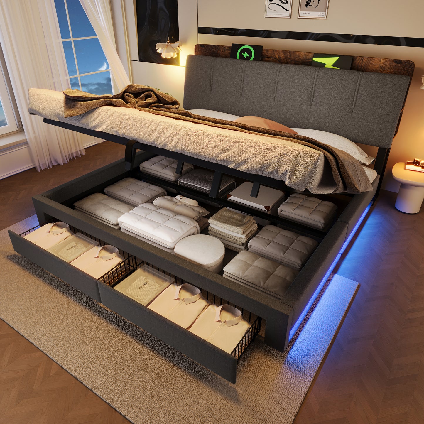 Upholstered Bed, 180x200 Cm, Hydraulic Storage, With USB Type-C Charging Function, Without Mattress, Multifunctional Storage, LED Lighting, Pushbutton Appdien, Linen, Grey