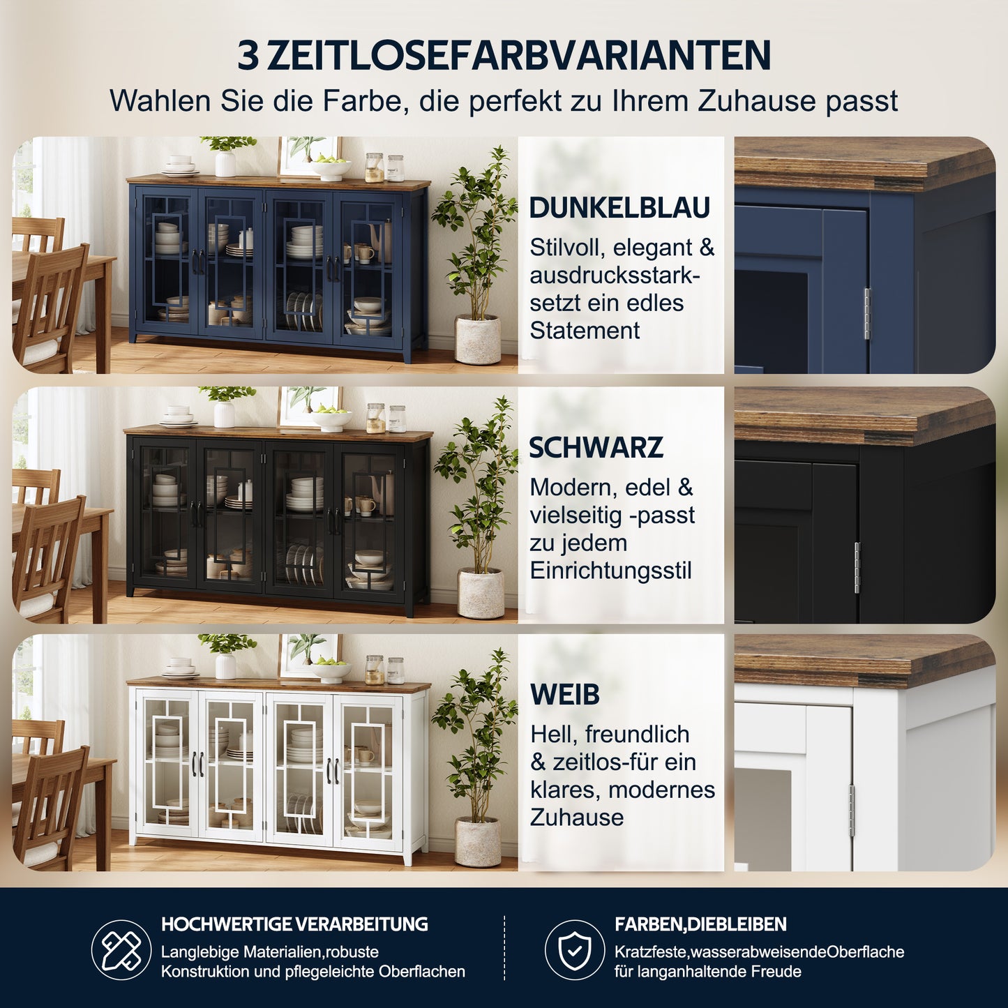 160cm Wide Kitchen Sideboard With Glass Doors, A Spacious Storage Compartment, A Wood-look Worktop And An Anti-tilt Device.This Modern Sideboard Is Suitable For Kitchens, Dining Rooms And Living Rooms