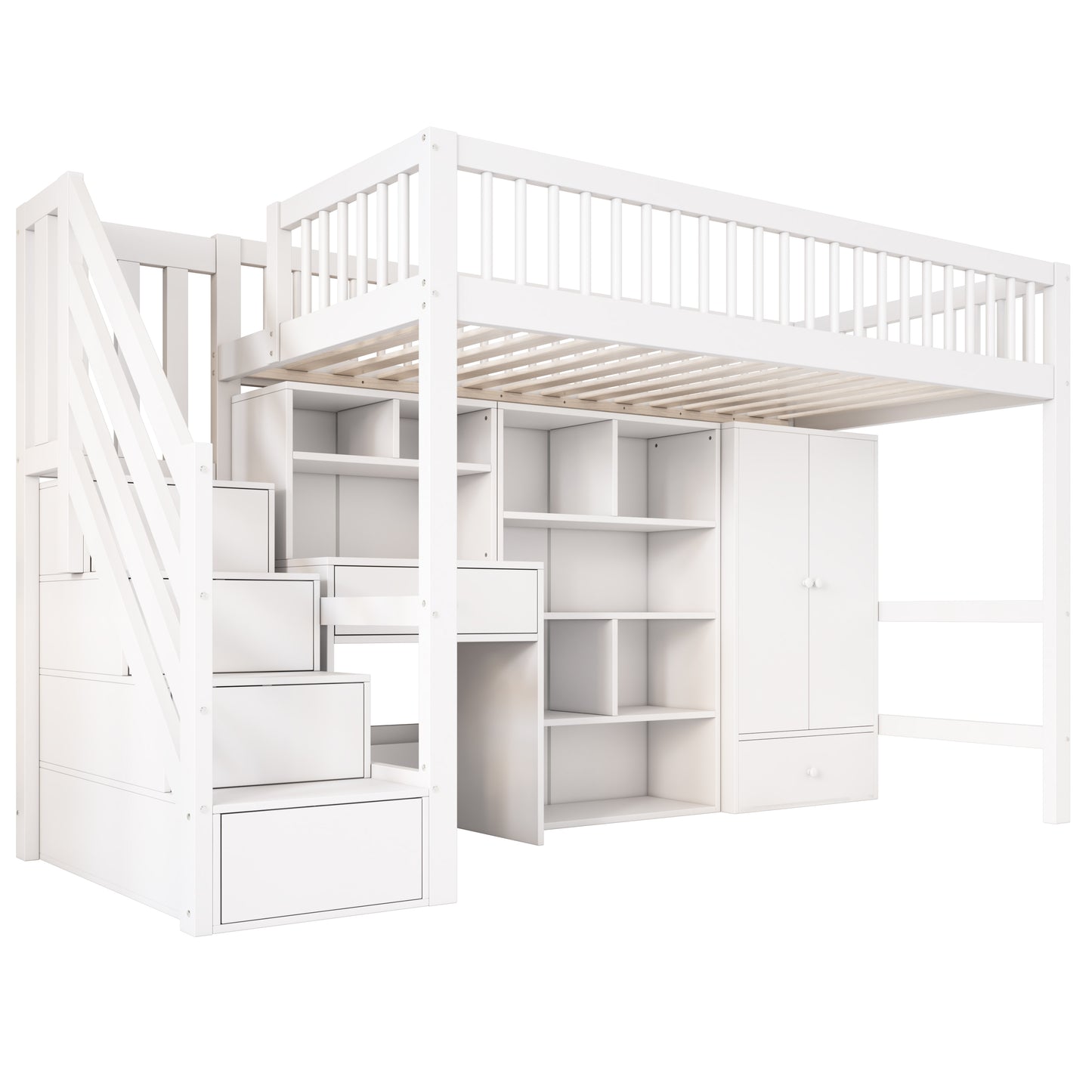 Crib, Single Bed, Multifunctional Crib ,With Desk&Stairs&Lockers&Wardrobe,Without Mattress,Solid Wood MDF, White, 90x200 OLD SKU 3221289012AAW