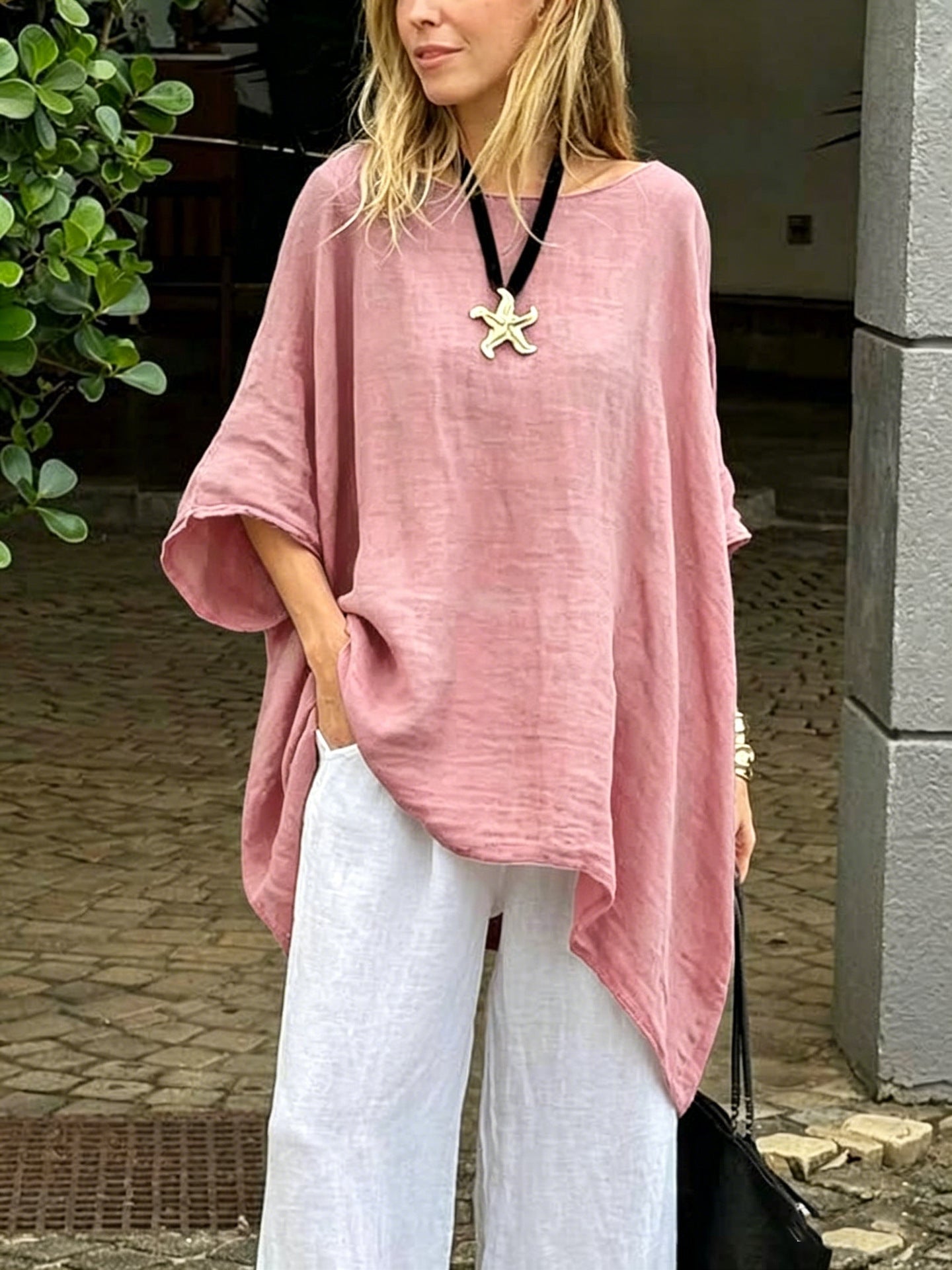 Womens Irregular Fashion Solid-Color Round-Neck Casual Top