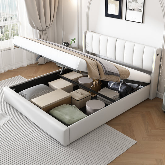 Binaural LED Upholstered Bed 160 X 200 Cm, Hydraulic Bed, Rechargeable USB Port In Bed, With LED Lighting, With Storage, Adjustable Headboard, PU Pebble, White