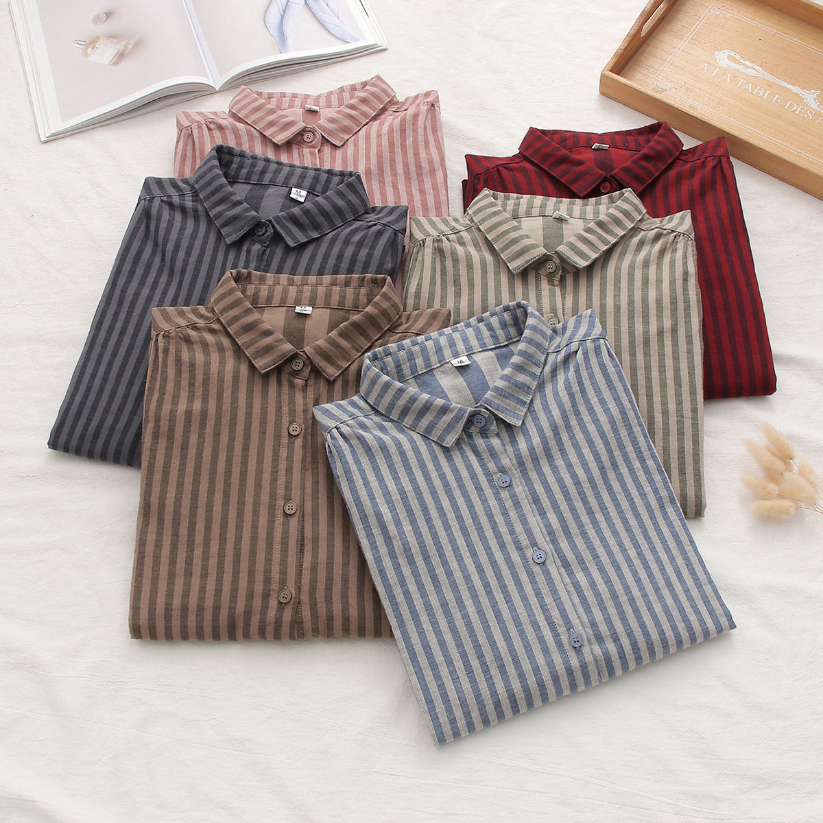 Korean-style Striped Cotton-linen Single-breasted Long-sleeve Shirt For Women