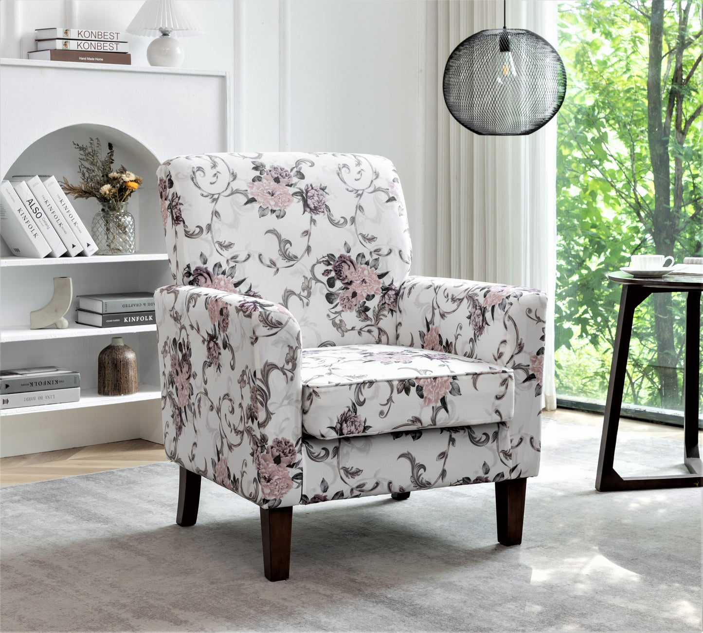 Patterned Polyester Blend Armchair, Solid Birch Wood Frame With Brown Tapered Legs, Foam Padded Accent Chair With Trim Detail For Living Room Office